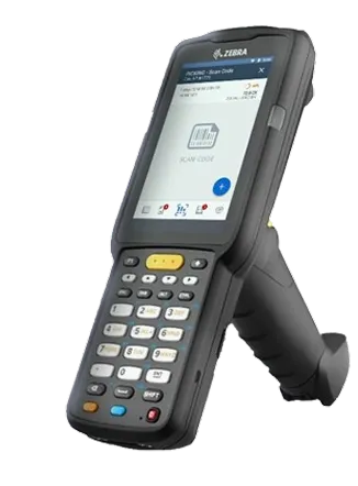 Zebra handheld barcode scanner with touchscreen display and physical keypad.