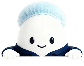 Smiling character with white rounded head, black eyes, wearing a blue hair net and blue outfit.