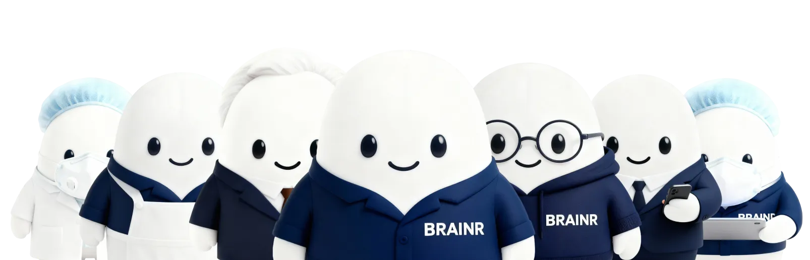 Seven white, smiling cartoon characters dressed as professionals, including medical staff and business people, with three wearing 'BRAINR' branded navy blue clothing.