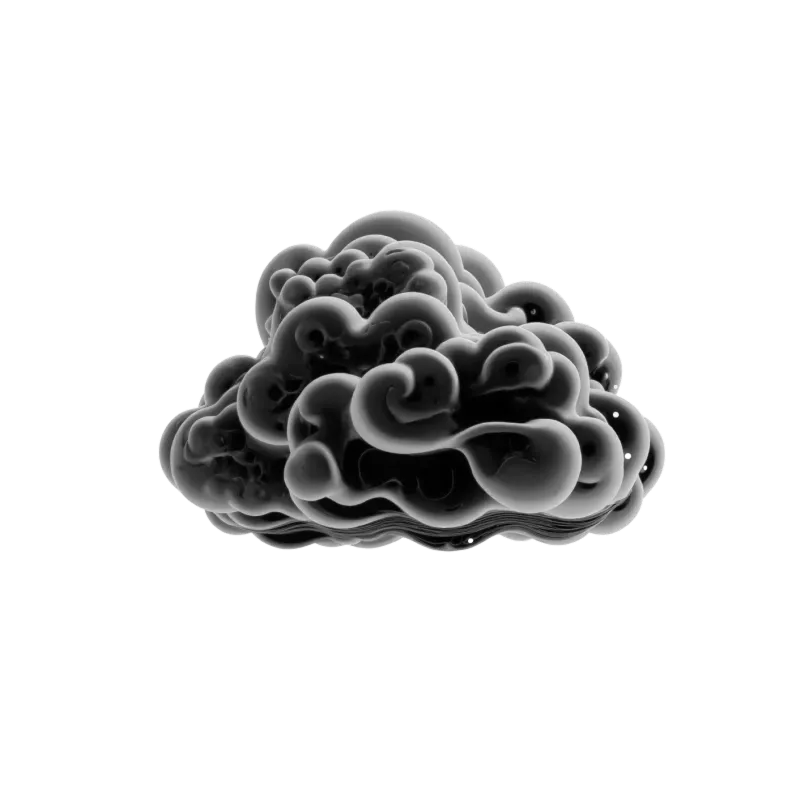 3D-rendered dark cloud with curling, bulbous, abstract shapes resembling smoke or brain folds on a black background.