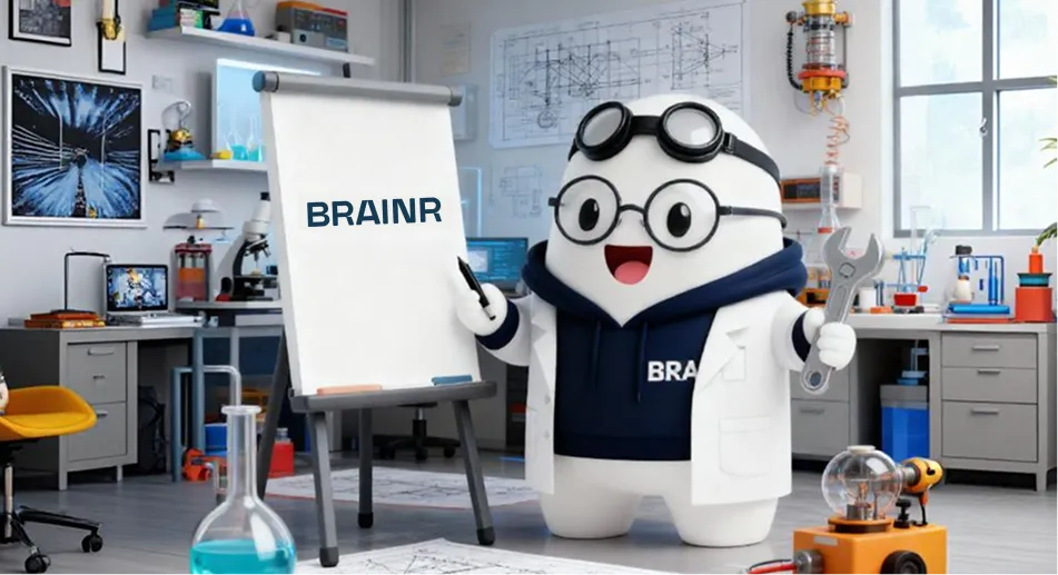 Cartoon scientist character with glasses and goggles pointing to a whiteboard that reads BRAINR in a laboratory filled with scientific equipment and blueprints.