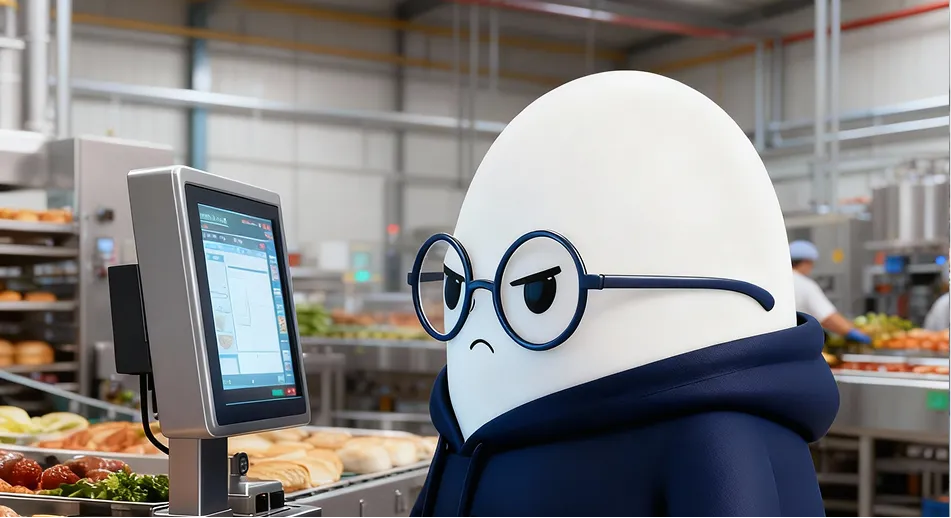 A serious-looking cartoon egg character wearing round glasses and a dark hoodie stands in a food production facility near a touchscreen monitor with trays of bread and vegetables in the background.