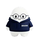 3D clay-style character with round glasses wearing a navy hoodie labeled BRAINR.