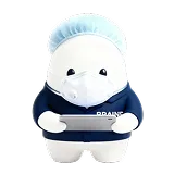 3D clay-style character wearing a medical mask, hairnet, and navy blue shirt holding a rectangular object.