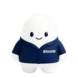 Cute white character wearing a navy blue shirt with the word 'BRAINR' on it.