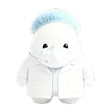 3D clay-style character dressed as a doctor with a white coat, mask, and blue surgical cap.
