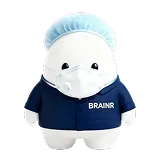 3D clay-style character wearing a surgical cap, face mask, and navy blue shirt labeled 'BRAINR'.