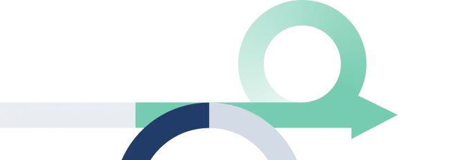 Abstract illustration with a green circular arrow pointing right above a segmented semicircle in dark blue and light gray.