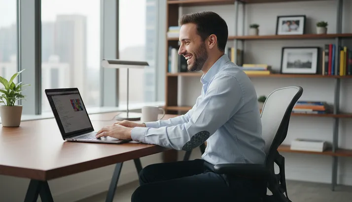 Smiling man in a blue shirt working on a laptop at a wooden desk in a modern office with large windows and bookshelves.