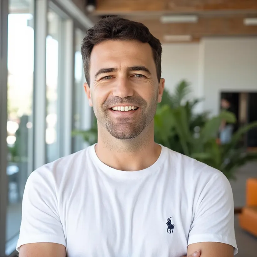 Smiling man with short dark hair and a trimmed beard wearing a white Polo Ralph Lauren t-shirt indoors.