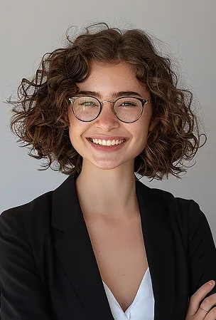 Smiling young woman with curly brown hair, wearing glasses, a black blazer, and a white top against a plain gray background.