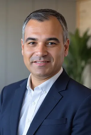 Smiling man in a dark suit jacket and white shirt standing indoors with blurred background.