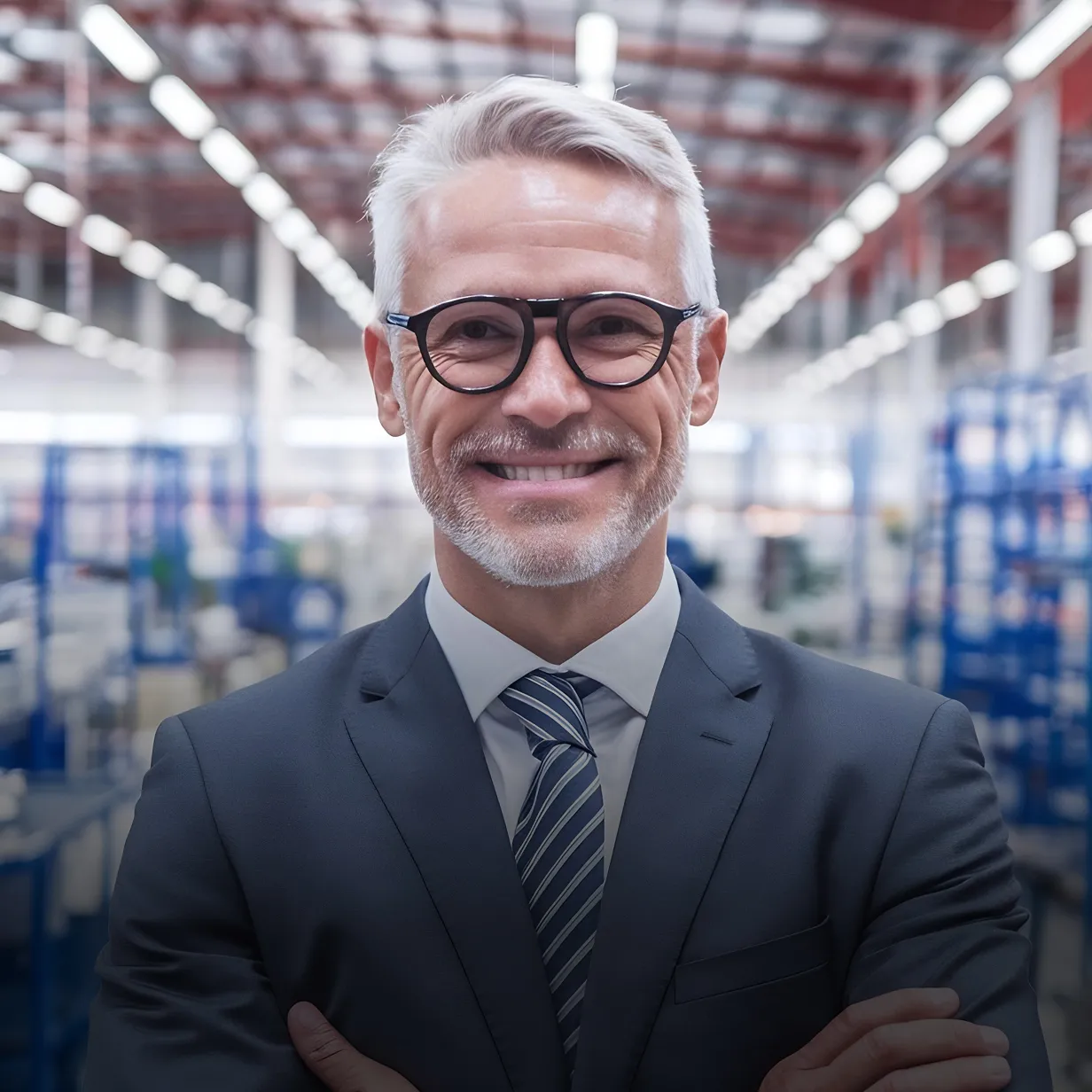 Smiling middle-aged man with gray hair, glasses, and beard wearing a suit and striped tie inside a modern warehouse.