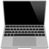 Silver laptop with black screen open, showing keyboard and trackpad.