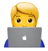 Person with blond hair using a laptop showing an Apple logo.
