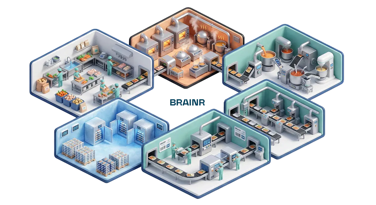 Illustration of a pre-cooked and ready meals factory with five hexagonal sections showing stages: food preparation, cooking, sauce mixing, packaging, and cold storage.