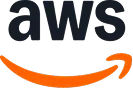 Amazon Web Services (AWS) logo with black letters and orange curved arrow.