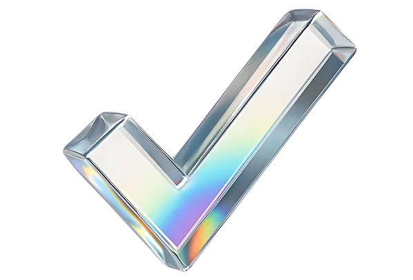 3D transparent check mark with rainbow light reflections on black background.