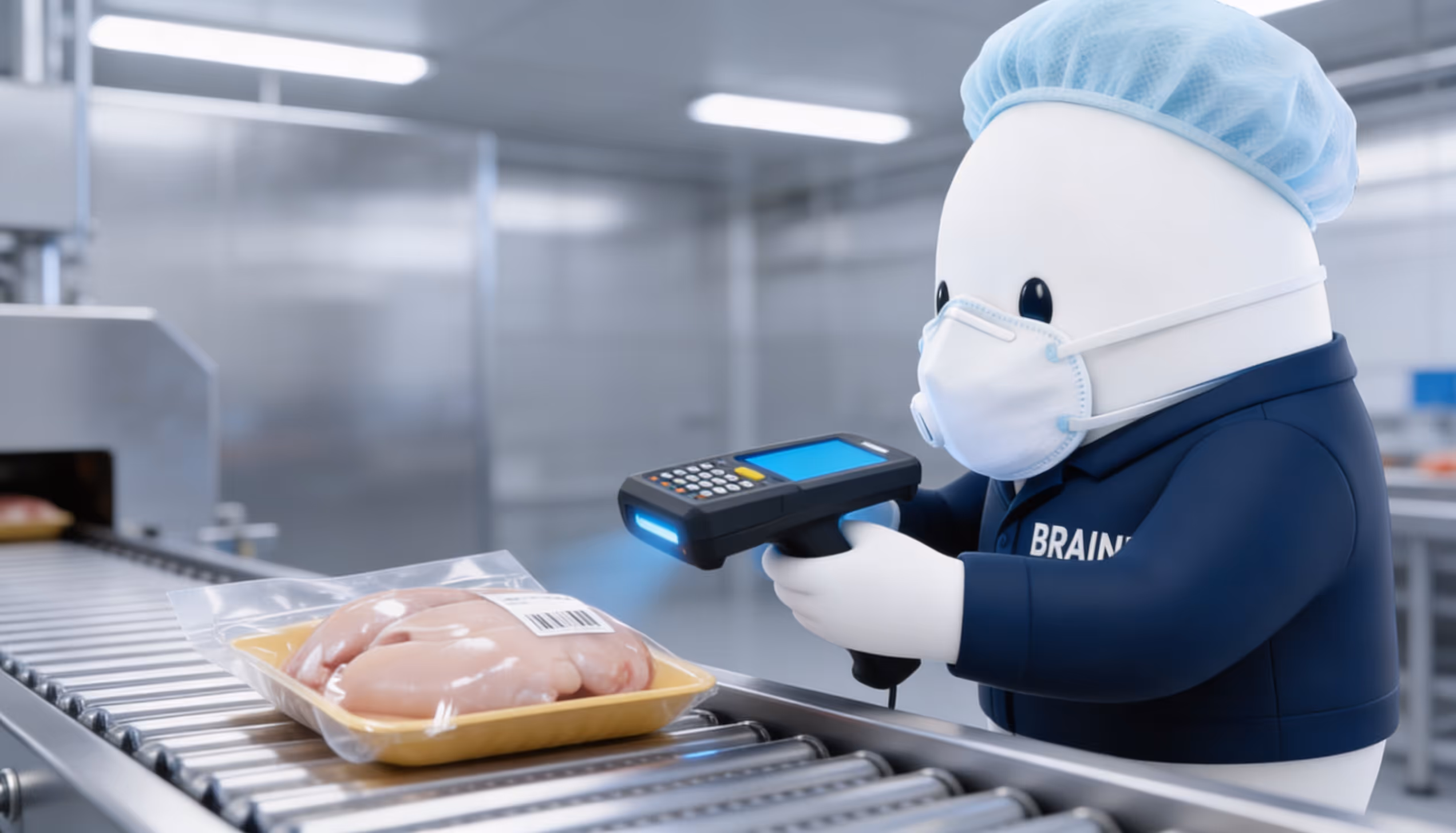 Person in protective gear scanning barcode on packaged poultry on conveyor belt in processing plant.