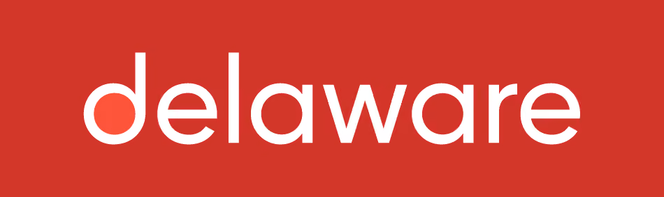 A palavra “delaware” em letras minúsculas brancas sobre um fundo vermelho.
