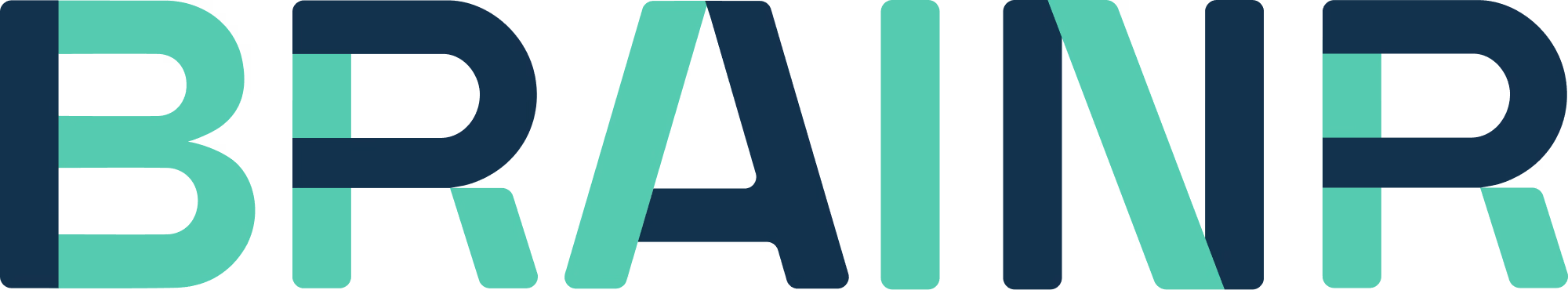 Logotipo con el texto «BRAINR», formado por letras estilizadas de color azul y verde superpuestas.