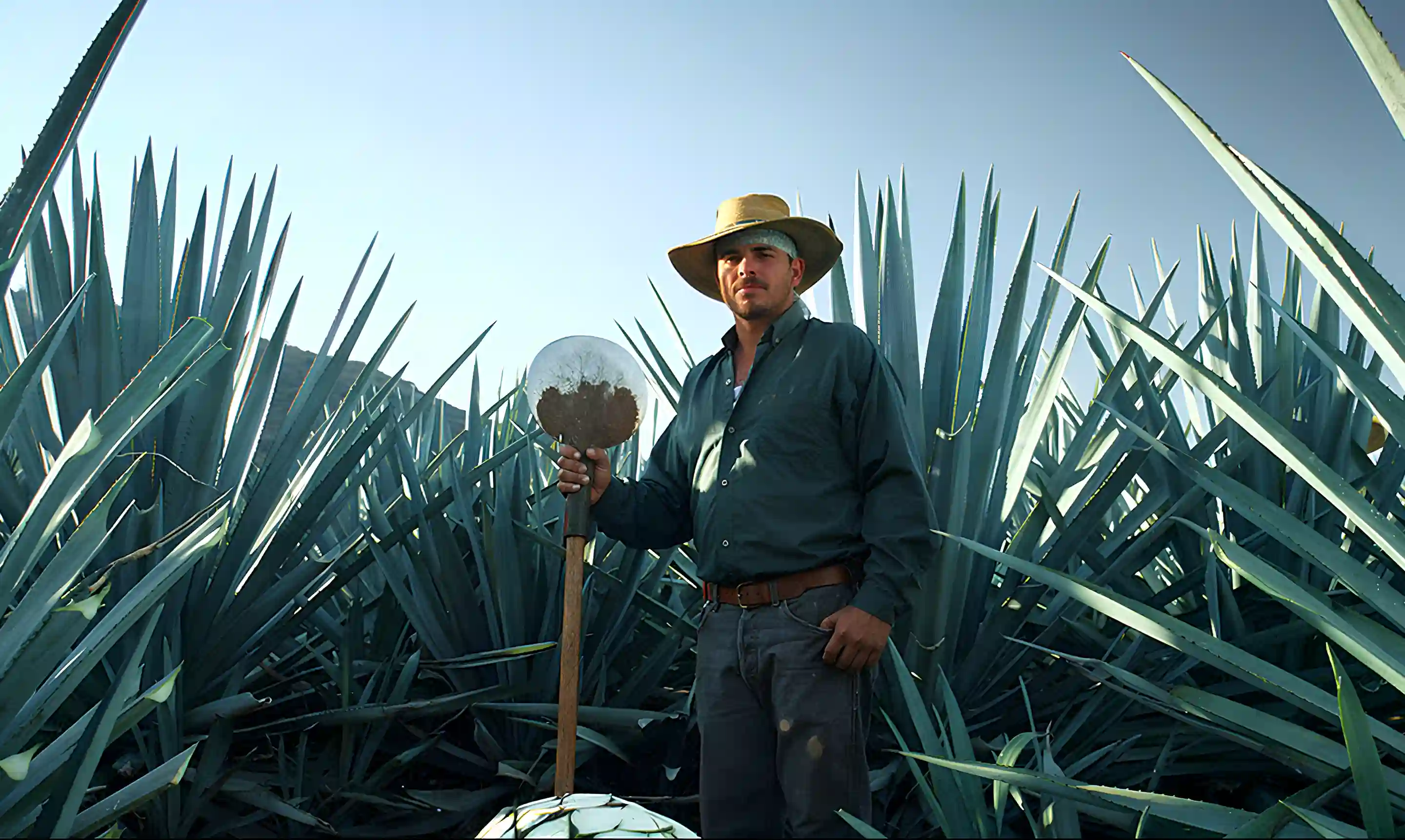 Man wearing a wide-brimmed hat standing among agave plants holding a harvesting tool.