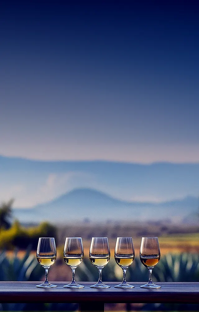 Five glasses of whiskey lined up on a railing with a blurred mountain landscape in the background.