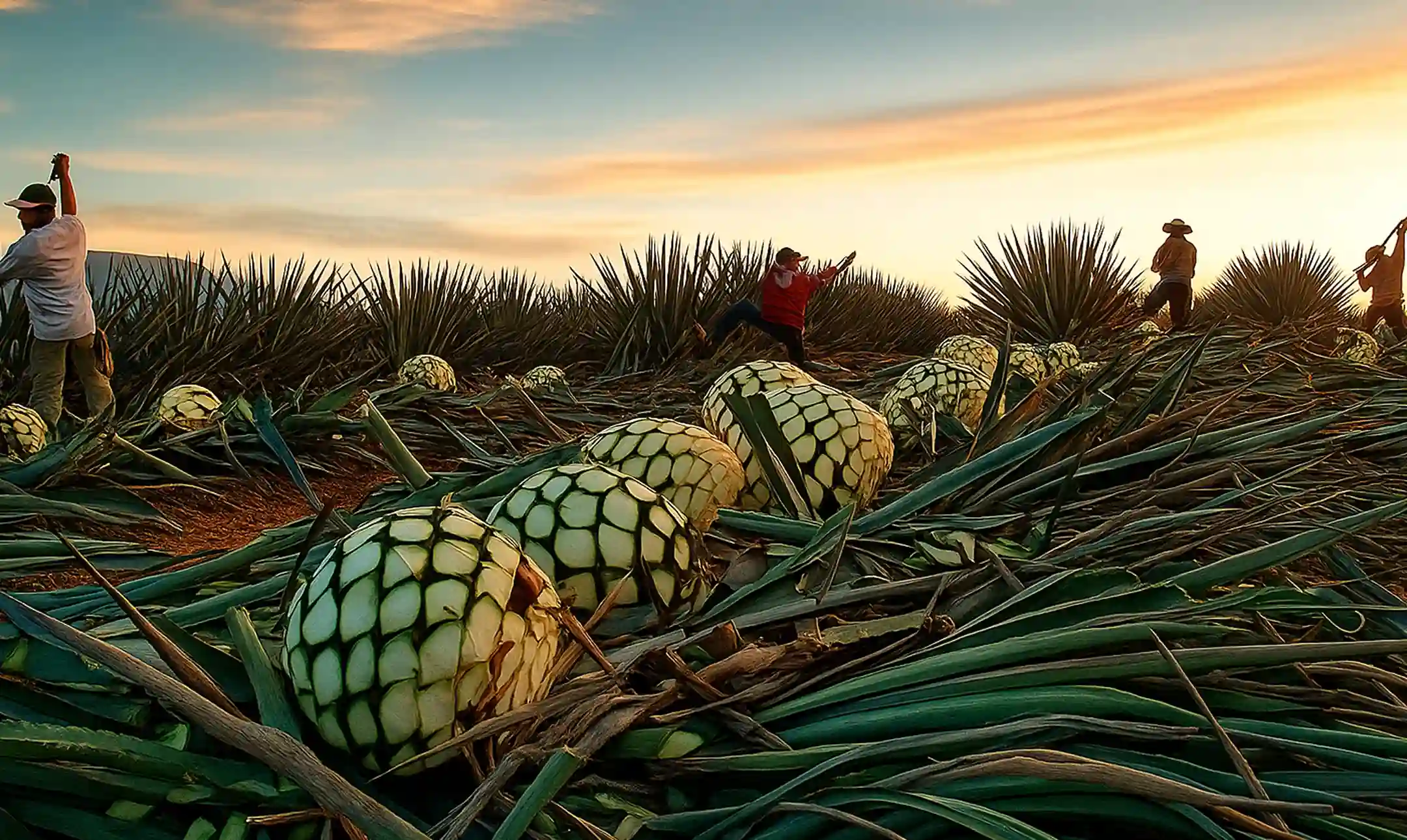 Farmers harvesting ripe agave piñas in a field during sunset.