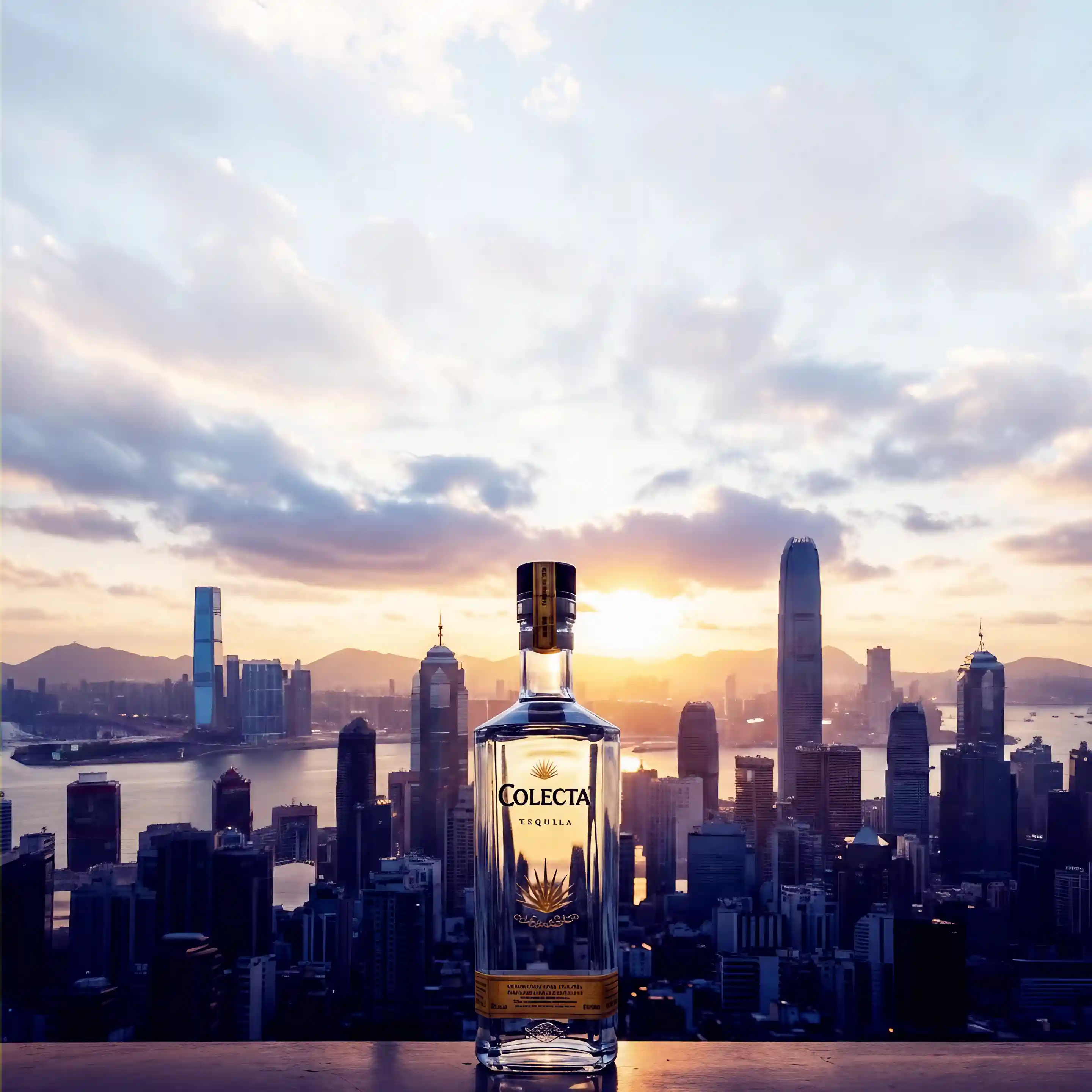 Bottle of Colecta Tequila placed on a ledge with a city skyline and sunset in the background.