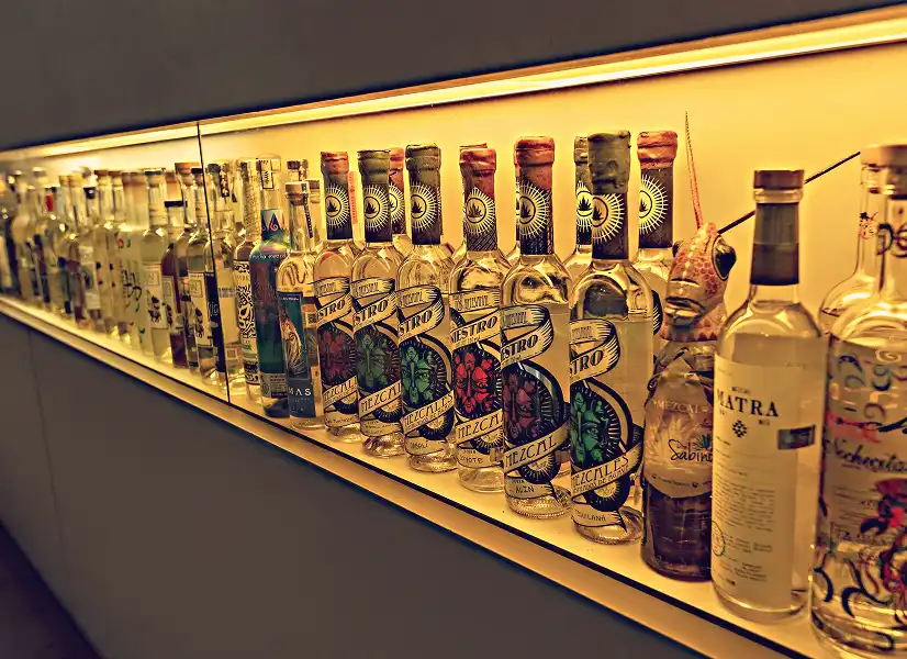 Shelf with multiple bottles of mezcal and other spirits illuminated with warm backlighting.