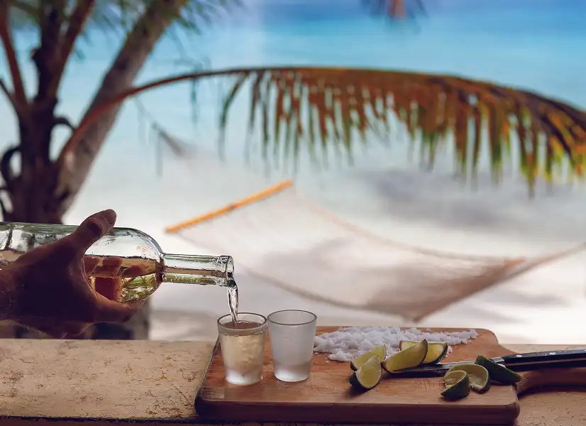 Hand pouring clear liquid from a bottle into a shot glass beside lime wedges and salt on a wooden board with a blurred beach and hammock in the background.