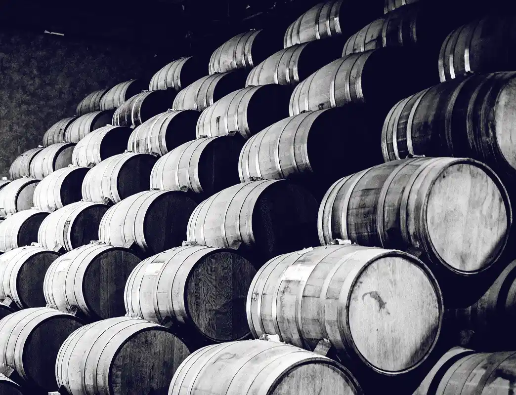 Rows of wooden barrels stacked in a dimly lit storage area or cellar.
