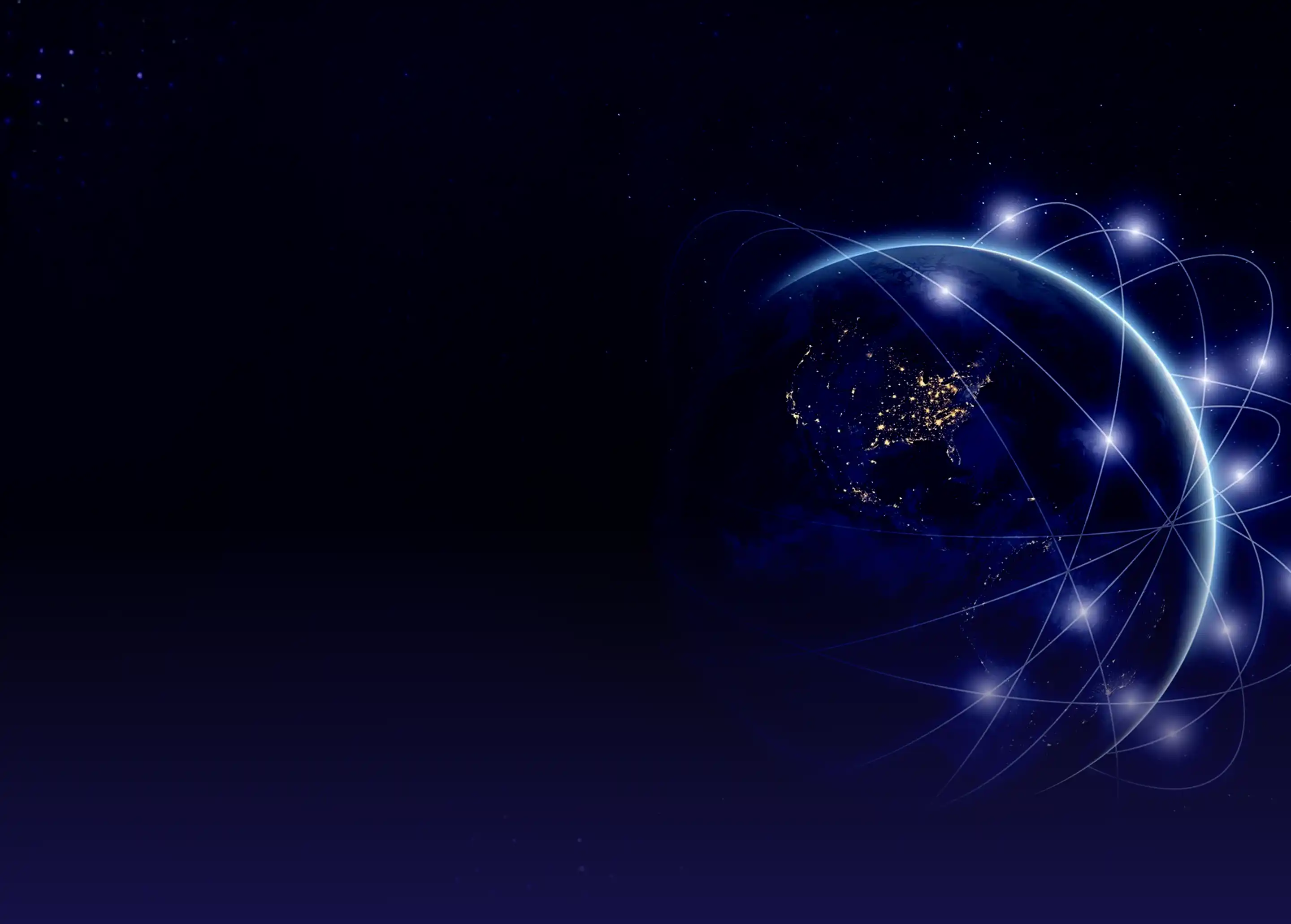 Night view of Earth from space showing illuminated city lights and glowing lines representing global network connections.