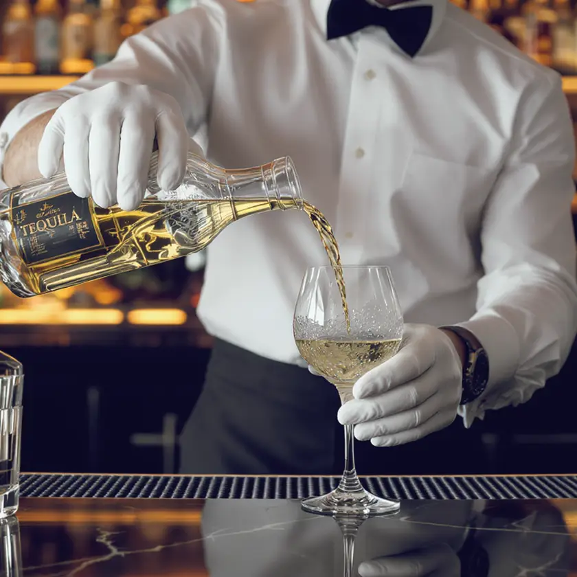 A bartender wearing white gloves pours tequila into a glass from a branded bottle
