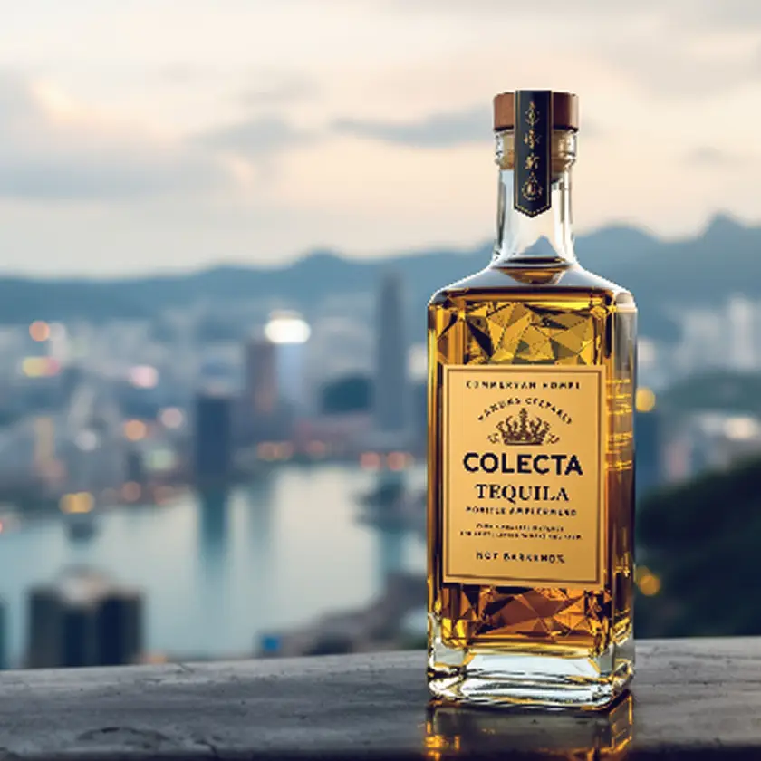A branded bottle of tequila against the backdrop of a beautiful city