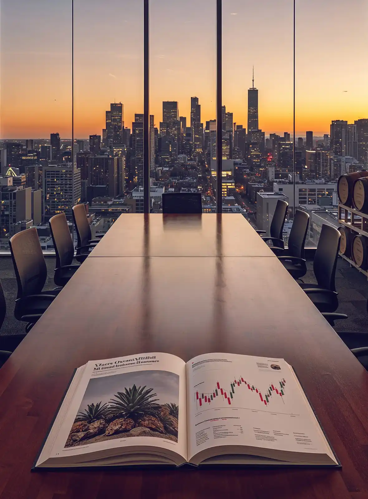 Open book with plant image and stock chart on a long conference table overlooking a city skyline at sunset through large windows.