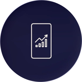 Icon of a smartphone displaying a bar chart with an upward trending arrow.