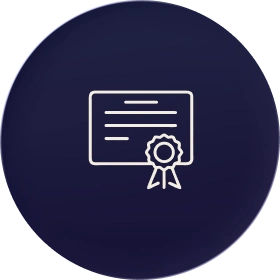 Icon of a certificate with a ribbon on a dark circular background.