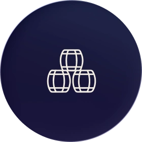 Three stacked barrel icons on a dark blue circular background.