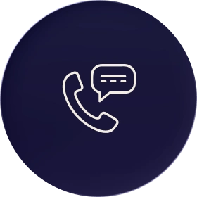 White phone handset icon with speech bubble containing three dots on a dark blue circular background.