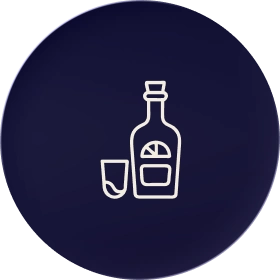 White line icon of a bottle with a citrus slice and a glass on a dark circular background.