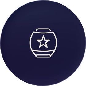 White outline of a barrel with a star in the center on a dark circular background.