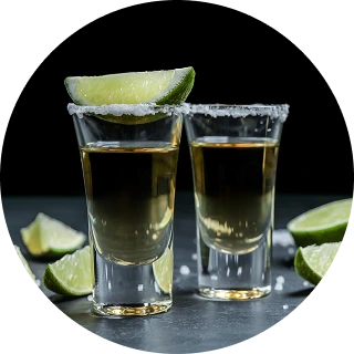 Two salt-rimmed shot glasses filled with golden tequila, each garnished with a lime wedge, on a dark surface with additional lime wedges scattered around.