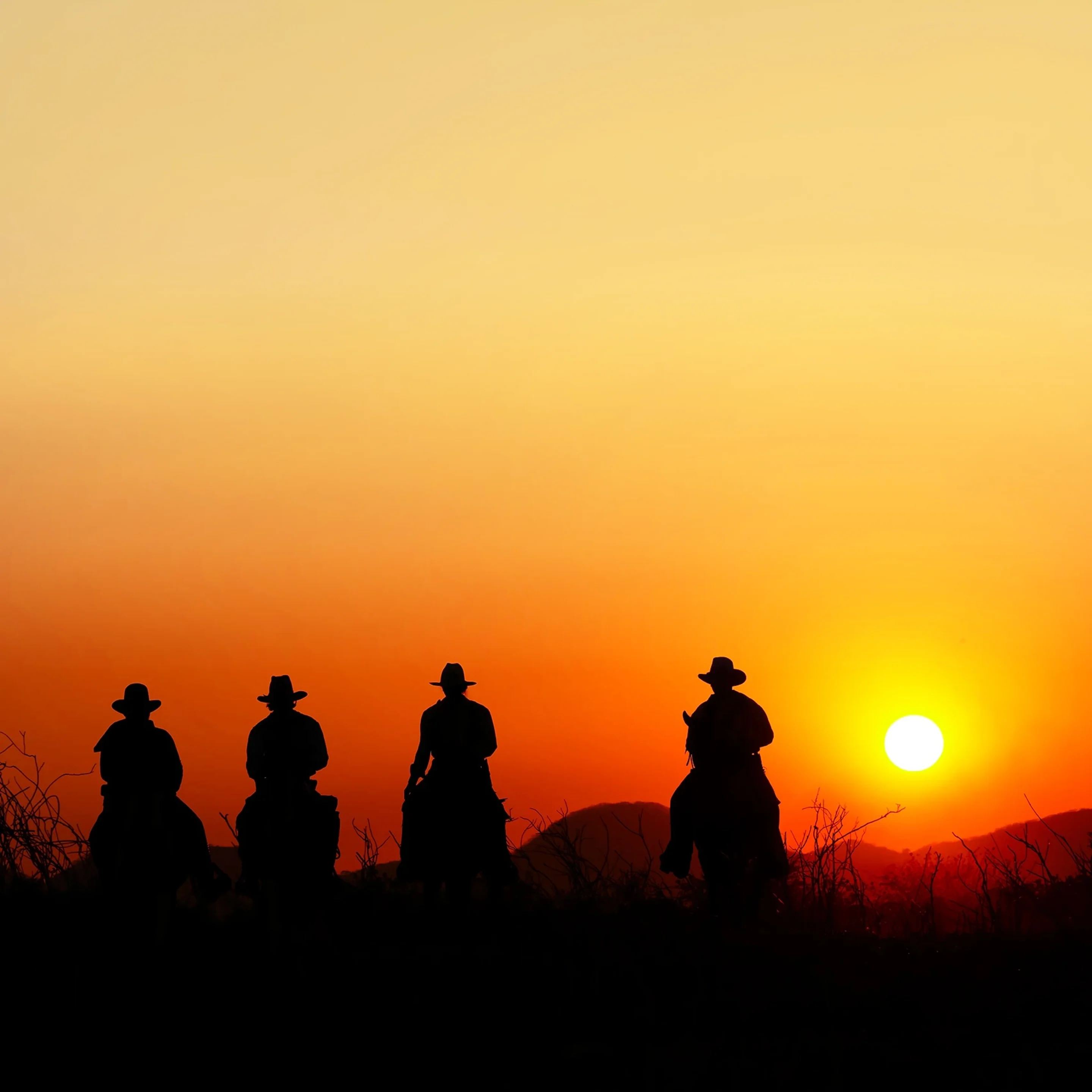 Silhouettes of four cowboys on horseback against an orange sunset with a visible sun near the horizon.