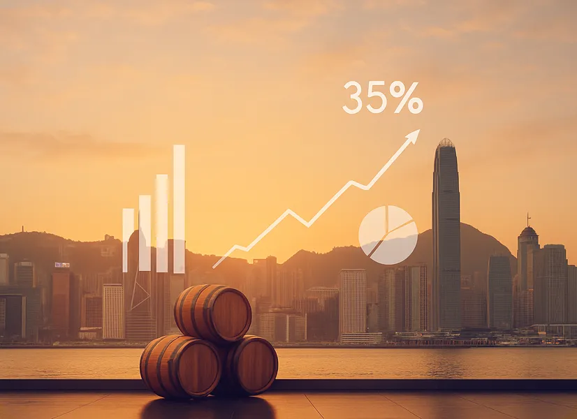 Three stacked wooden barrels on a waterfront with a city skyline at sunset and overlaid white bar and line graphs showing 35% growth.