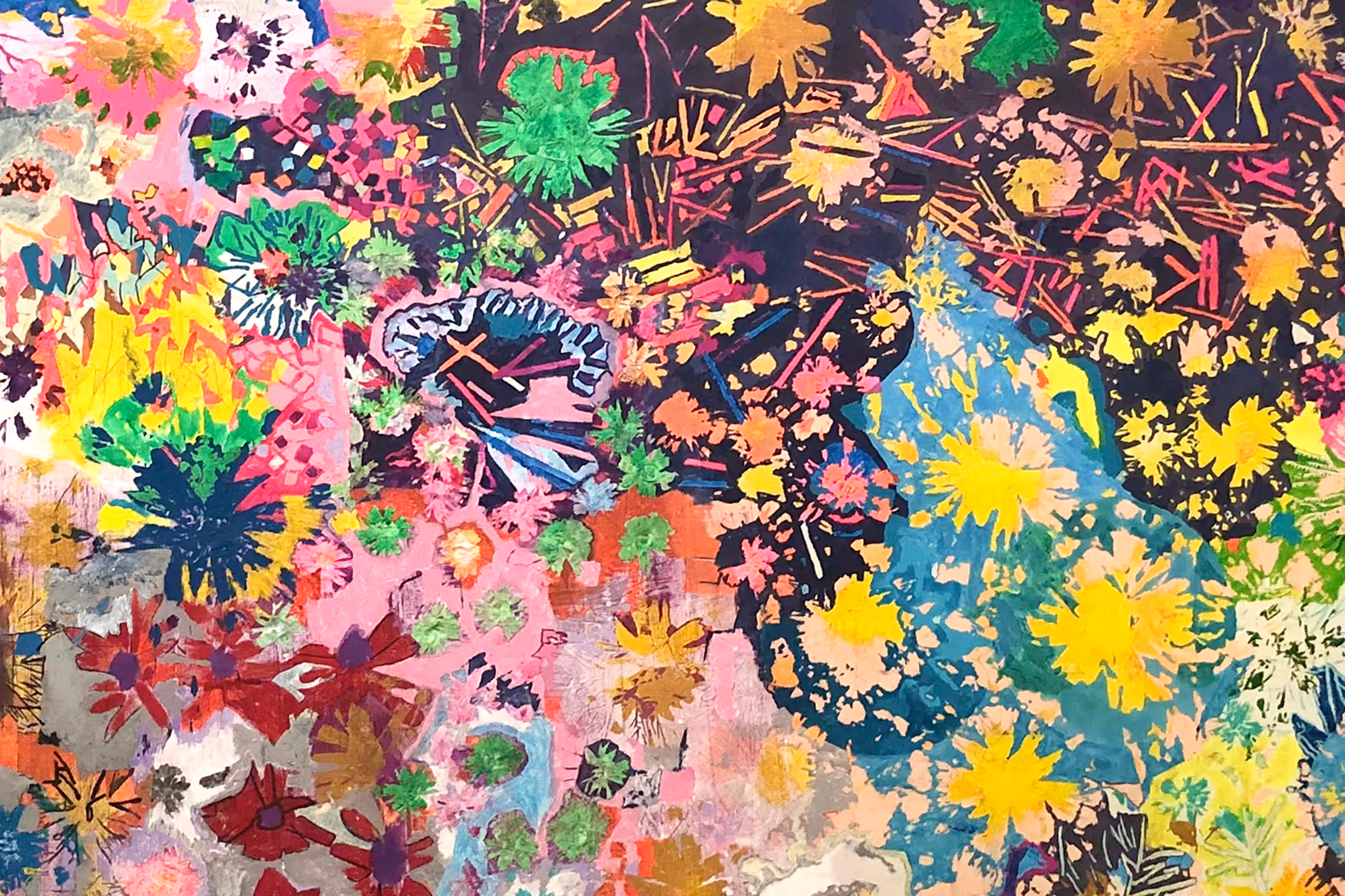 Colorful abstract floral painting with various shapes and splashes of pink, green, yellow, blue, and red.