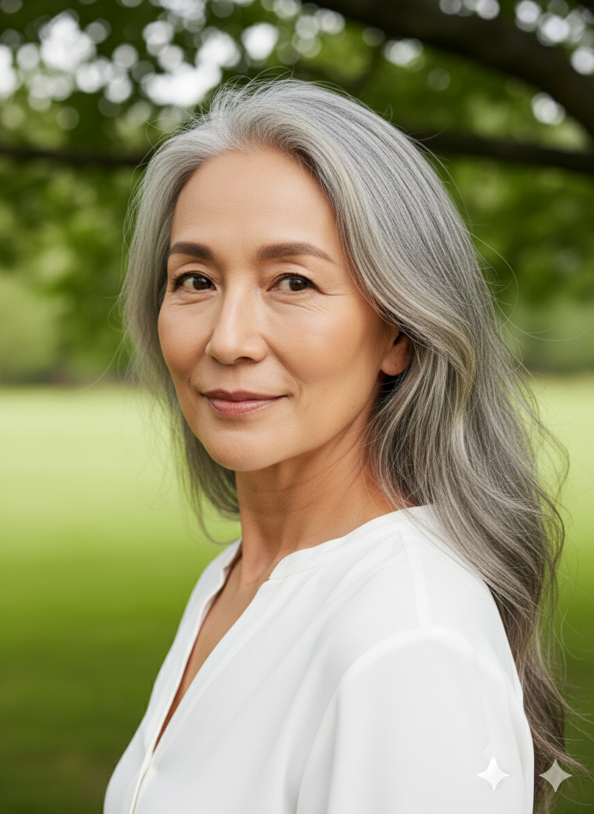 Une femme asiatique d'âge mûr avec de longs cheveux gris ondulés, vêtue d'un chemisier blanc, sourit doucement en regardant l'objectif. Elle se trouve dans un parc verdoyant, avec des arbres et de l'herbe flous en arrière-plan.