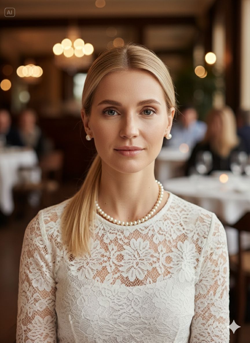 Une femme blonde souriante aux yeux bleus, portant une robe en dentelle blanche, un collier de perles et des boucles d'oreilles en perles, est photographiée en gros plan dans un restaurant élégant et faiblement éclairé.