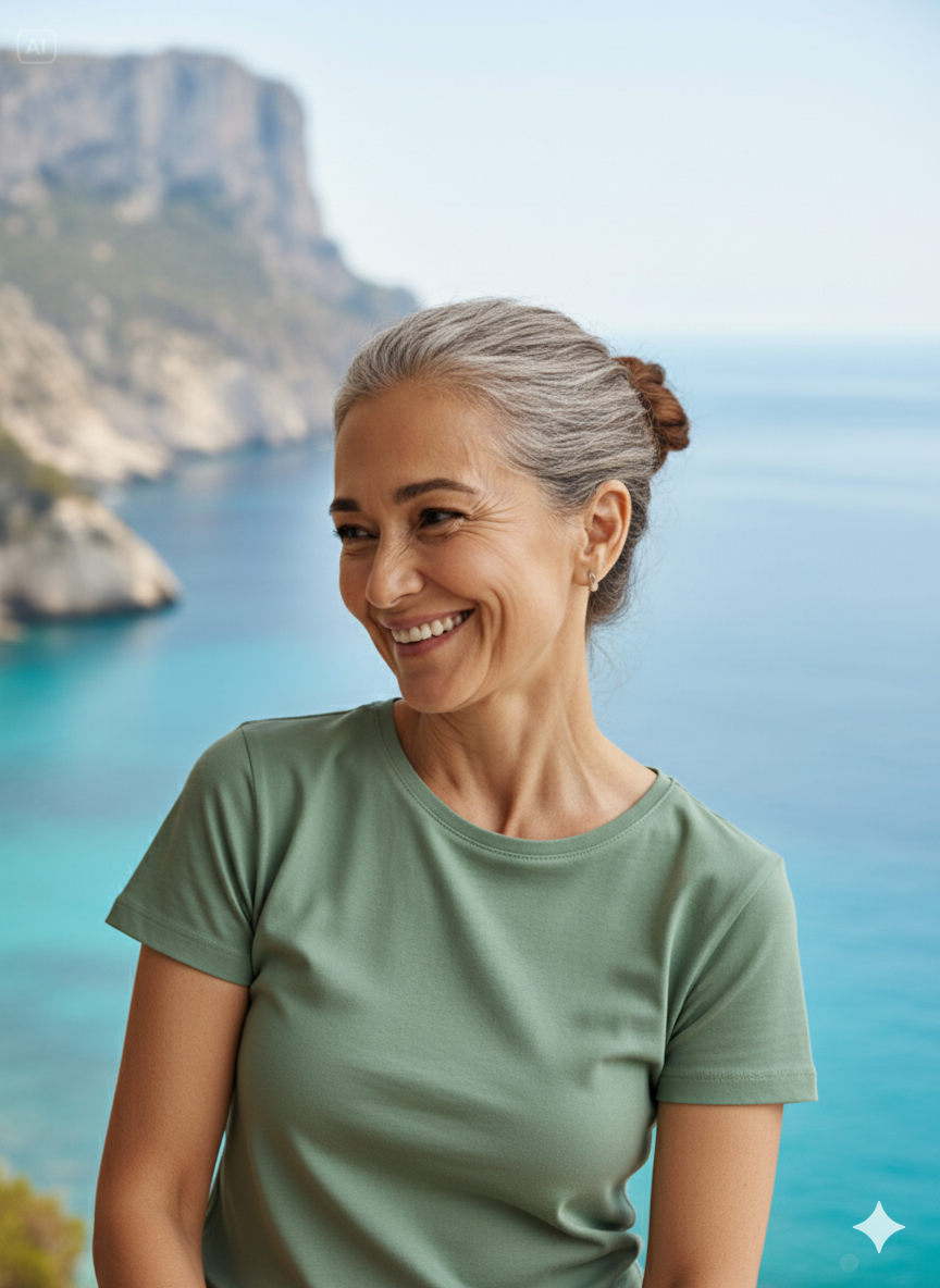 Femme souriante aux cheveux gris attachés, portant un t-shirt vert clair, debout en extérieur avec en arrière-plan une mer turquoise et des falaises baignées de soleil.
