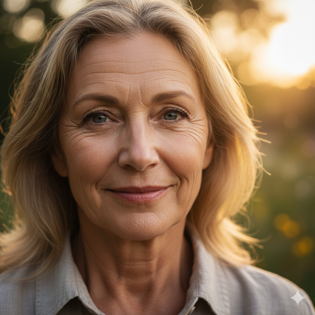 Femme d’âge mûr souriante, aux cheveux blonds mi-longs, photographiée en extérieur au coucher du soleil, avec un fond flou de verdure et de lumière douce.